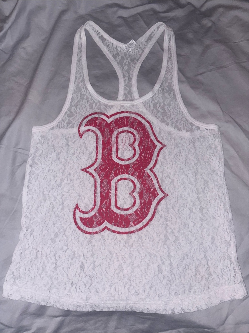 XS Victoria’s Secret White Lace Racerback Tank w/ red Graphic “B” Boston Redsox